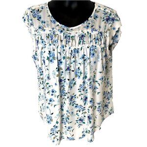 Zac & Rachel Women's L Blouse Cap Sleeve Delicate Blue White Floral Flared Hem